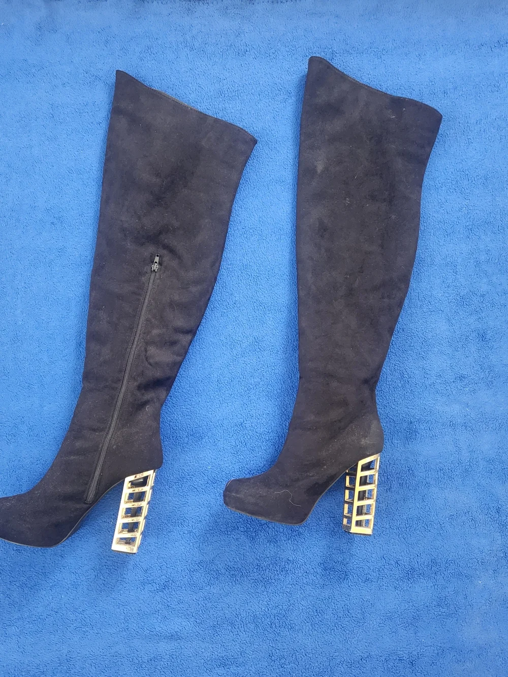 JustFab Black Over-the-Knee Suede Boots with Gold Cage Block Heel Size 9